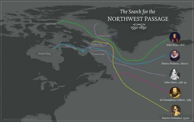 A rough map of the routes sailed by Northwest Passage adventurers